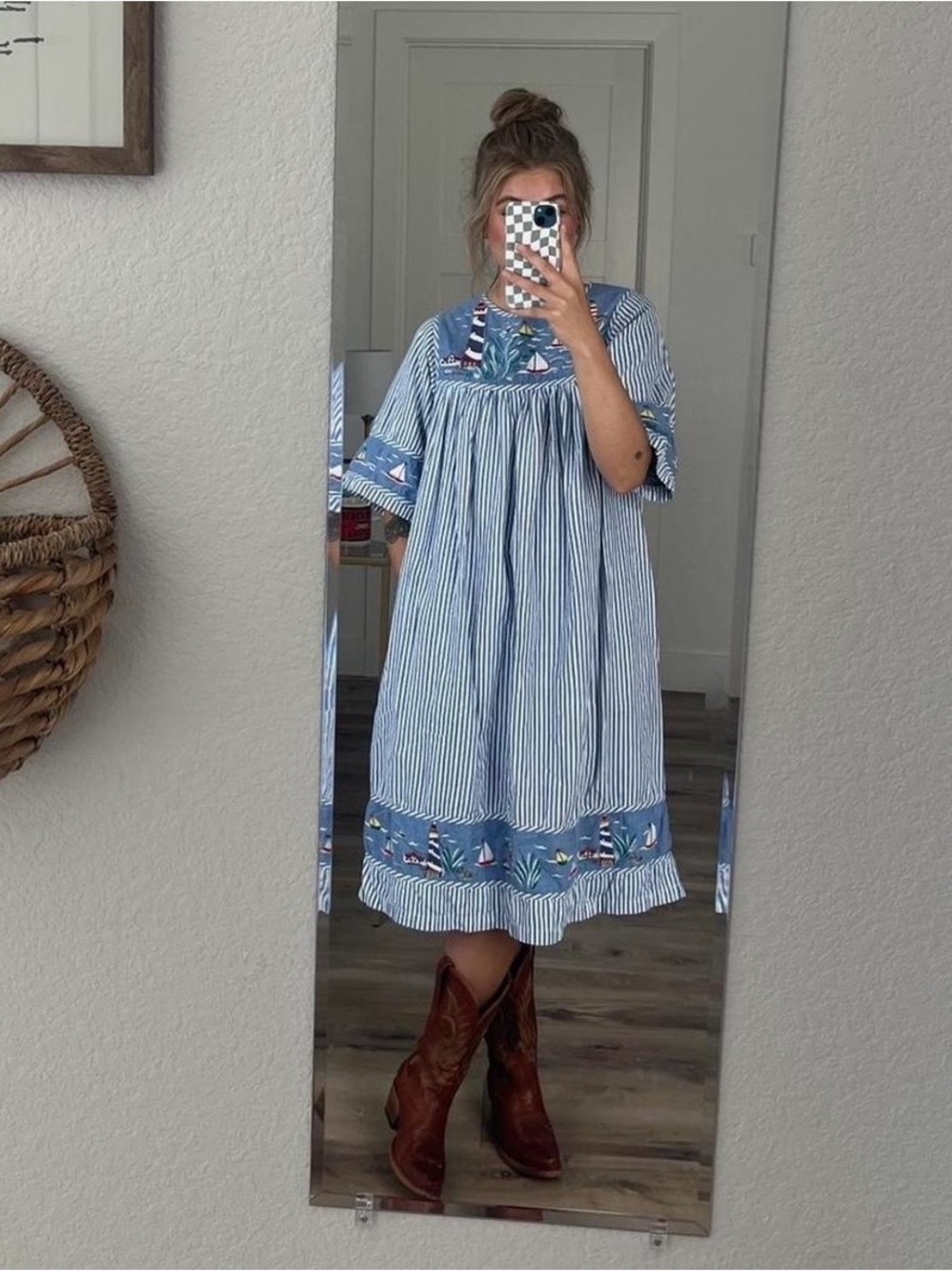 Vintage Light Blue Striped Midi Dress with Nautical Embroidery
